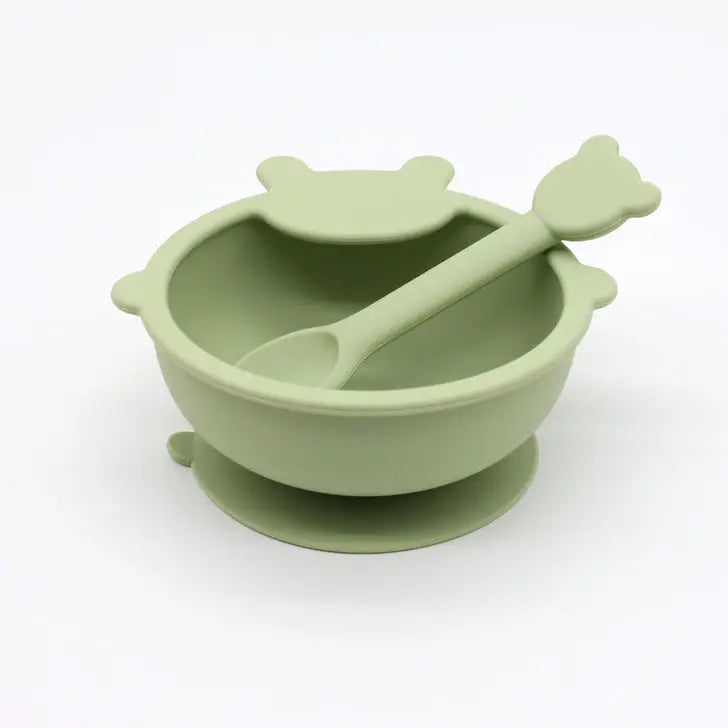 Bear Shaped Silicone Bowl w/Spoon - Light Green