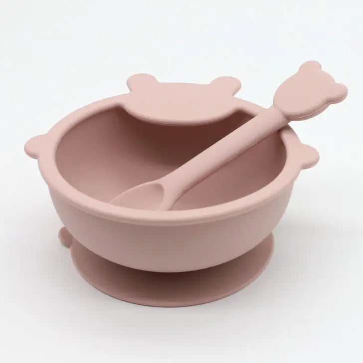 Bear Shaped Silicone Bowl w/Spoon - Light Pink