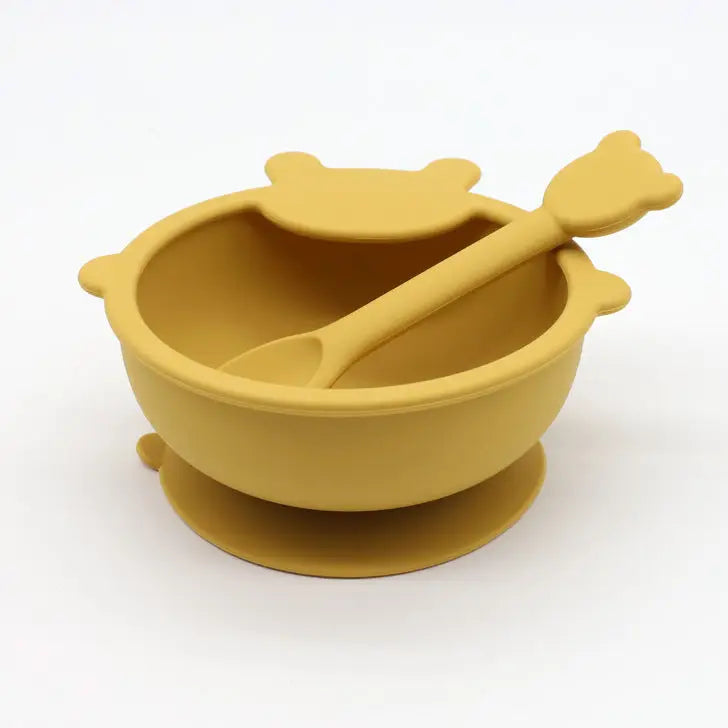 Bear Shaped Silicone Bowl w/Spoon - Yellow